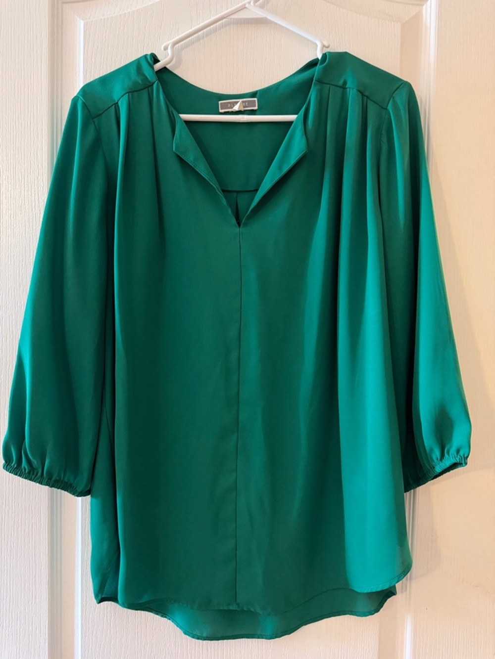 Pleione Emerald Green V-Neck Blouse with Three-Quarter Sleeves